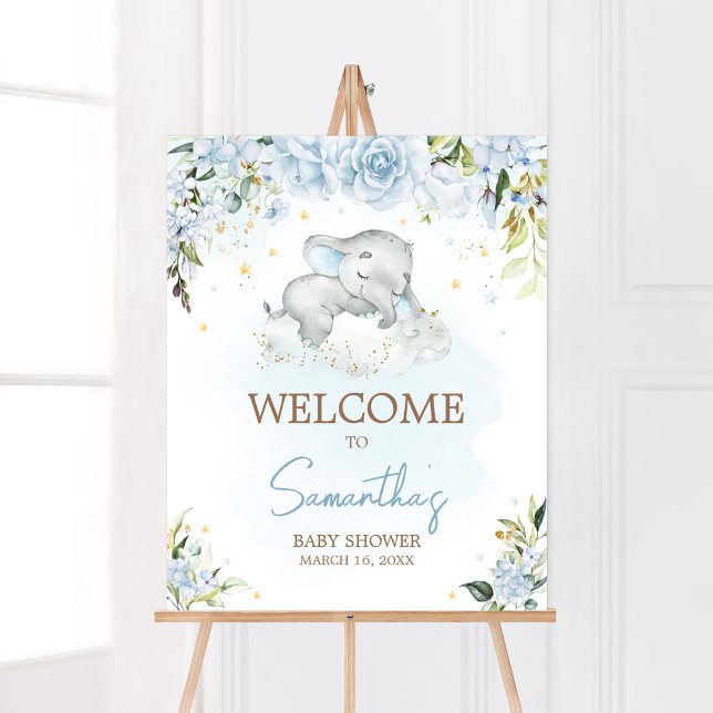 Välkomsthälsa om Blue Blommigt Elephant Baby Showe Poster (Blue Floral Sleeping Elephant Baby Shower Welcome Sign)