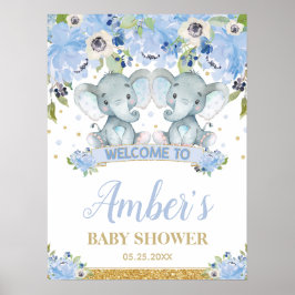 Välkomsthälsa om Blue Blommigt Twin Boys Elephant  Poster