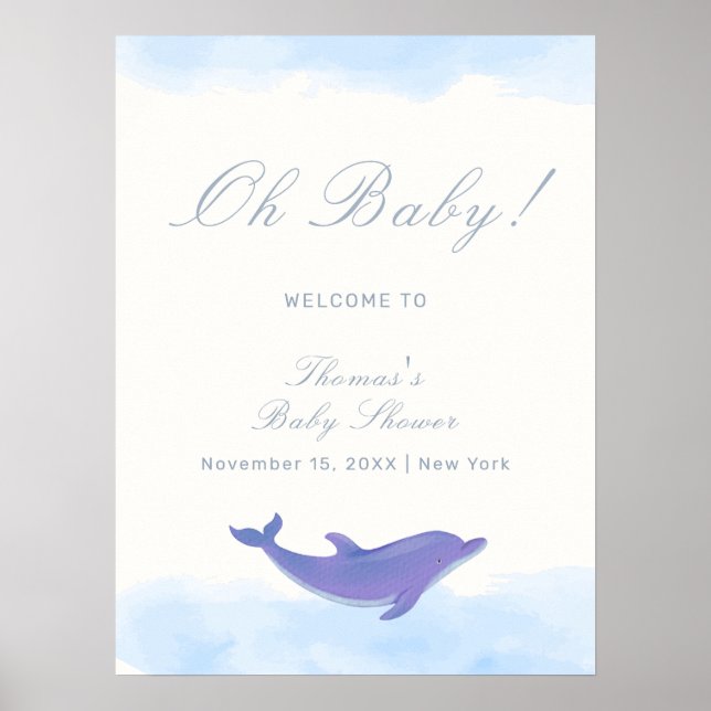 Välkomsthälsa om Blue Minimalist Boho Dolphin Baby Poster (Framsidan)