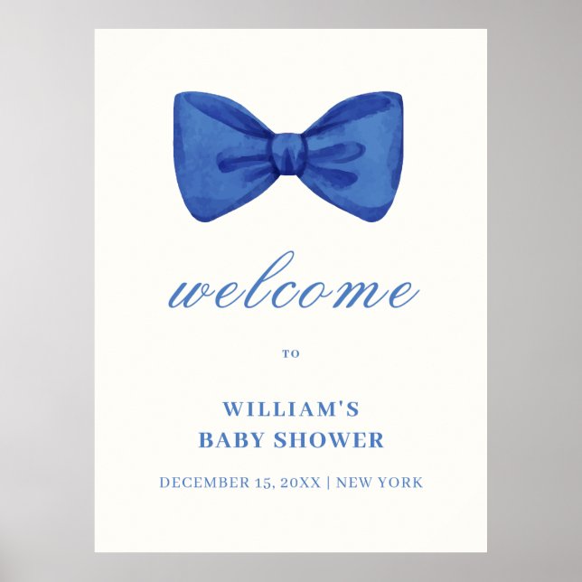 Välkomsthälsa om Blue Minimalist Bow Boy Baby Show Poster (Framsidan)