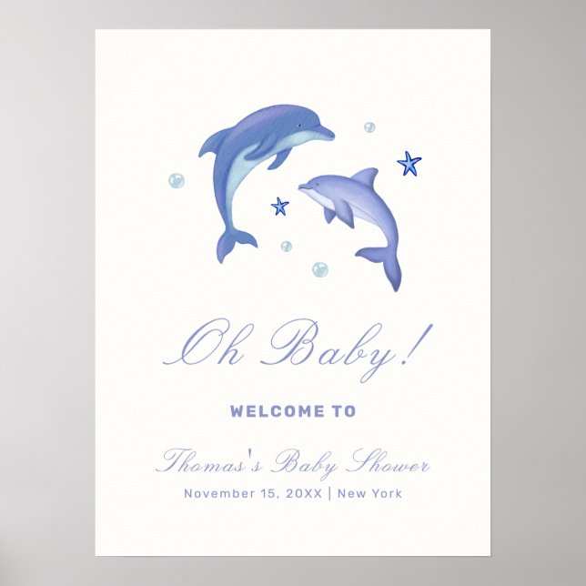 Välkomsthälsa om Blue Modern Summer Dolphin Baby S Poster (Framsidan)