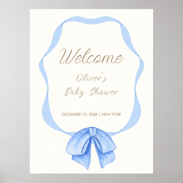 Välkomsthälsa om Blue Vintage Bow Ribbon Boy Showe Poster (Framsidan)