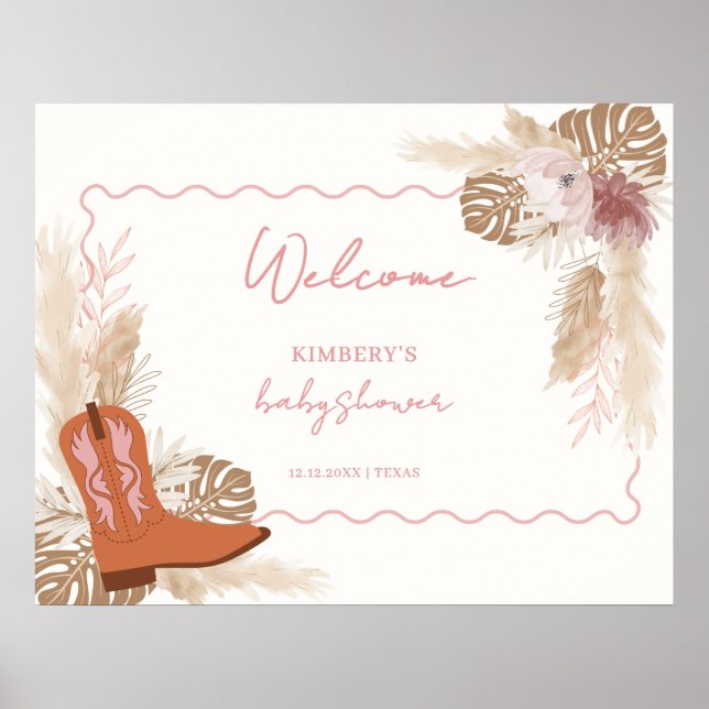 Välkomsthälsa om Boho Cowgirl Boots Pampas Baby Sh Poster (Framsidan)