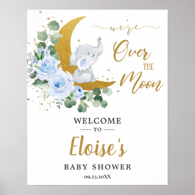 Välkomsthälsa om chic Blue Blommigt Elephant Måne  Poster (Framsidan)