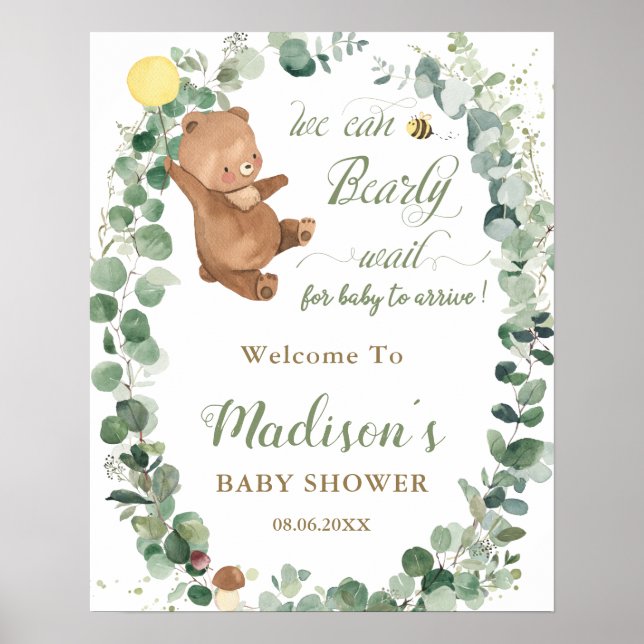 Välkomsthälsa om Cute Bear Greenery Gender Neutral Poster (Framsidan)