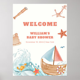 Välkomsthälsa om Cute Boy Äventyr Sailboat Shower Poster