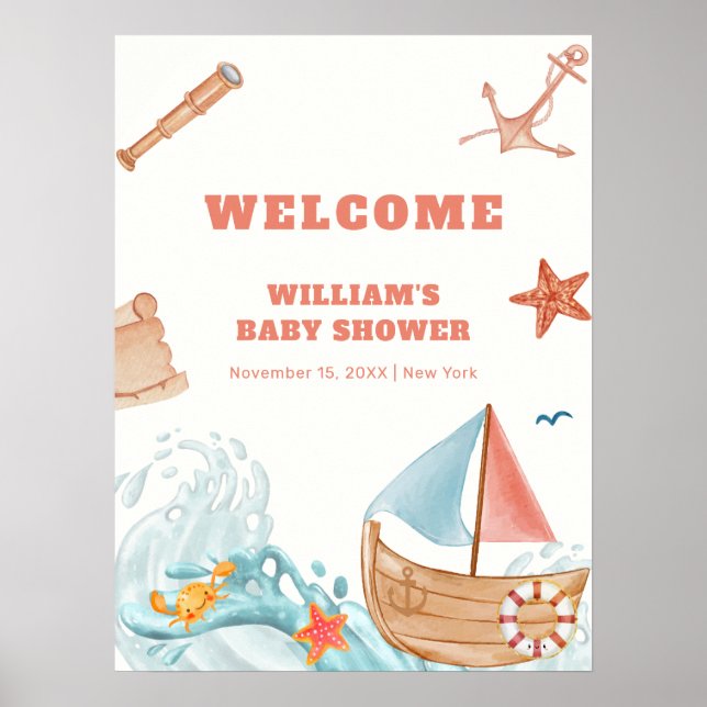 Välkomsthälsa om Cute Boy Äventyr Sailboat Shower Poster (Framsidan)