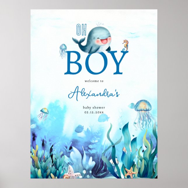 Välkomsthälsa om Cute Whale under Sea Boy Shower Poster (Framsidan)