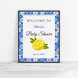 Välkomsthälsa om den blå plattan Lemon Baby Shower Poster