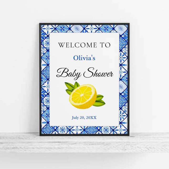 Välkomsthälsa om den blå plattan Lemon Baby Shower Poster (Italian Blue Tile Lemon Baby Shower Welcome Sign )