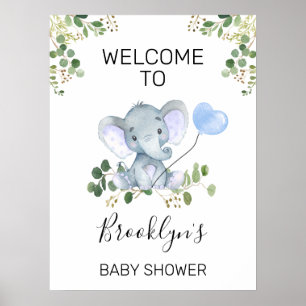 Välkomsthälsa om Elephant Baby Shower Blue Heart B Poster