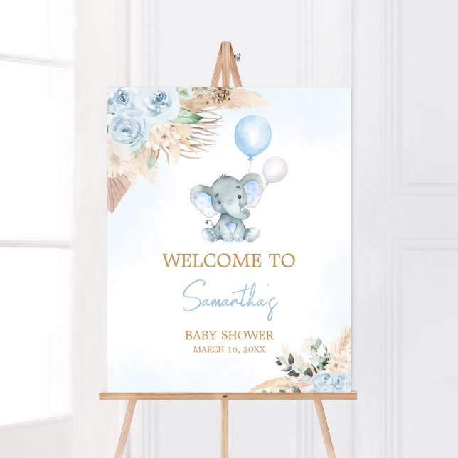 Välkomsthälsa om Elephant Baby Shower Poster (Blue Floral Pampas Grass Elephant Baby Shower Welcome Sign)