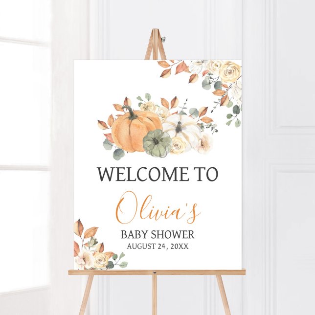 Välkomsthälsa om en liten babybabyknare poster (Autumn Pumpkin Baby Shower Welcome Sign)