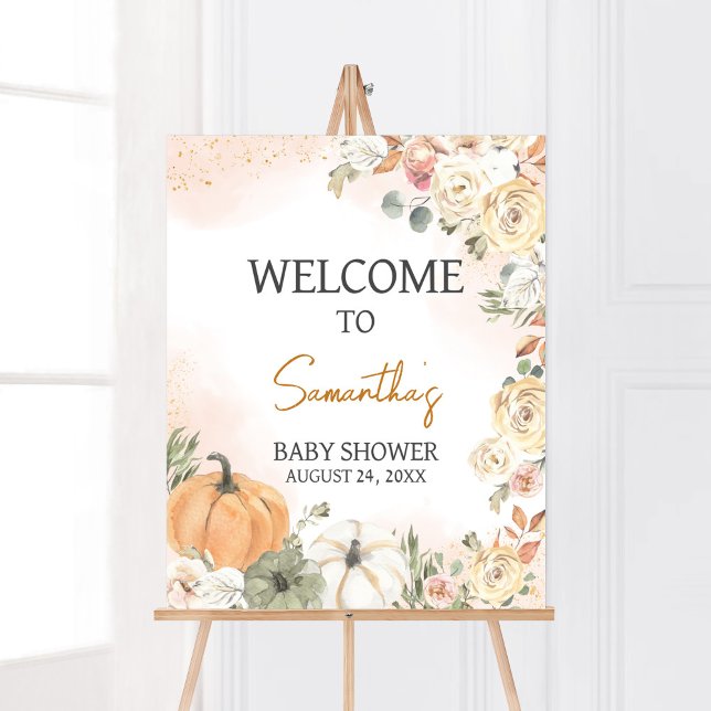Välkomsthälsa om en liten Pumpkin Fall Baby Shower Poster (Fall Floral Pumpkin Baby Shower Welcome Sign)