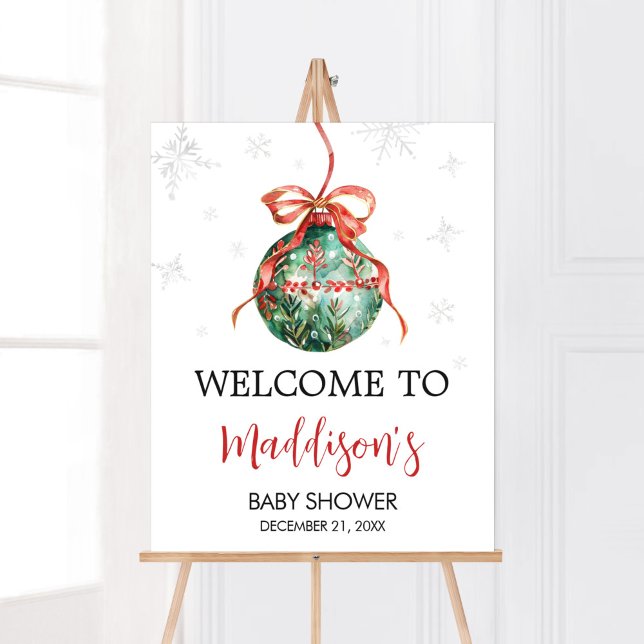 Välkomsthälsa om en trevlig liten julbabyåda poster (Merry Little Christmas Ornaments Baby Shower Welcoem Sign )