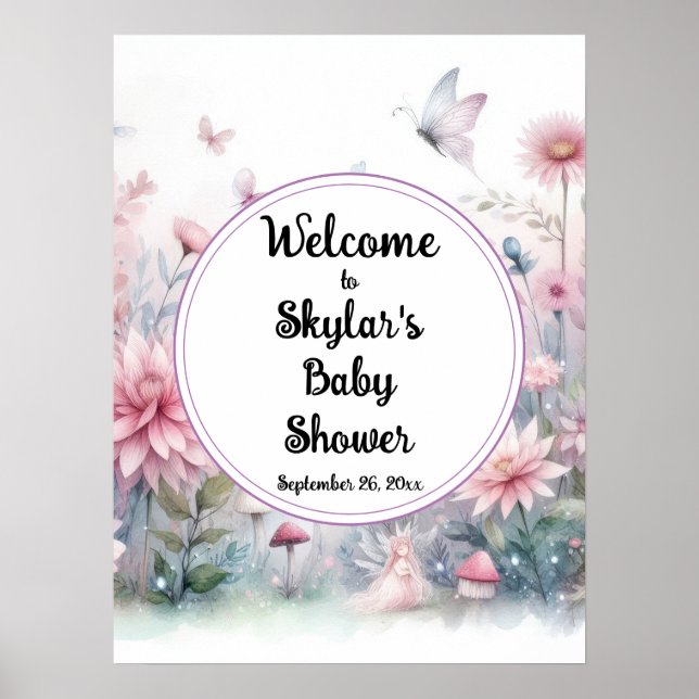 Välkomsthälsa om Fairy Garden Baby Shower Poster (Framsidan)