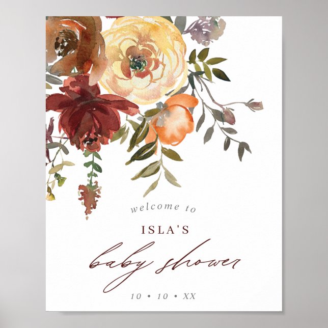 Välkomsthälsa om Fall Burgundy & Orange Blommigt B Poster (Framsidan)
