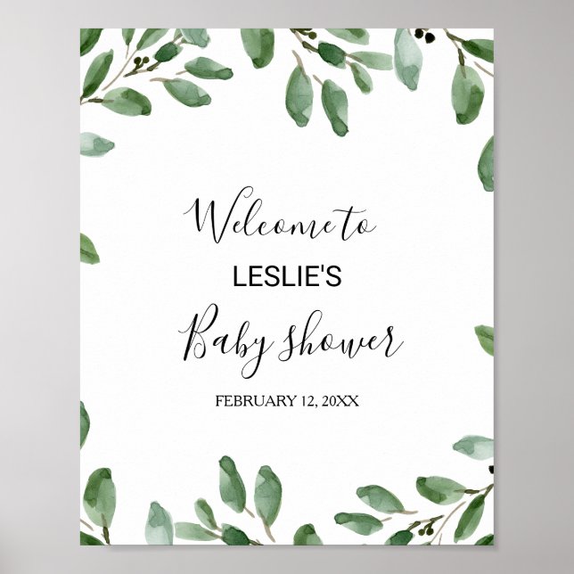 Välkomsthälsa om Greenery Tropical Eucalyptus Baby Poster (Framsidan)