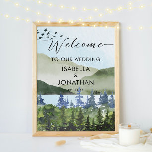 Välkomsthälsa om Grönten Forest Mountain Bröllop Poster