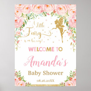 Välkomsthälsa om Guld Fairy Baby Shower Rosa Blom Poster
