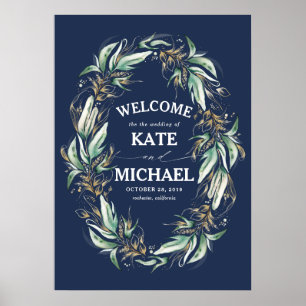 Välkomsthälsa om guld Löv Greenery Navy Blue Bröll Poster
