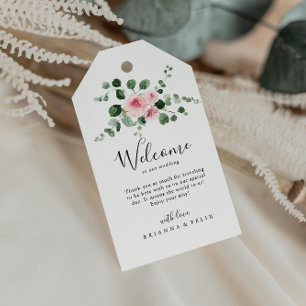 Välkomsthälsa om klassisk Eucalyptus Rosa Blommigt Presentetikett