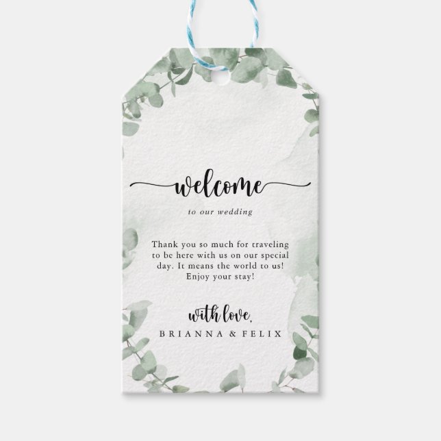 Välkomsthälsa om klassisk Grönt Eucalyptus Foliage Presentetikett (Framsidan)