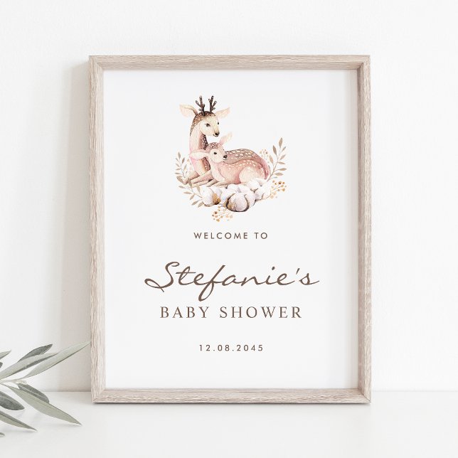 Välkomsthälsa om mamma och Baby Hjort Woodland Bab Poster (Woodland theme baby shower welcome sign featuring watercolor mommy and baby deer. )