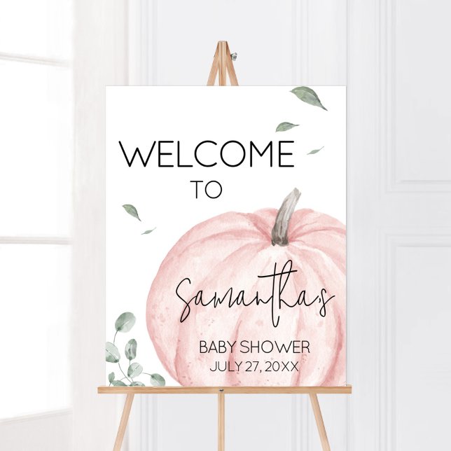 Välkomsthälsa om minimal rosa Pumpkin Baby Shower Poster (Watercolor Pumpkin Baby Shower Welcome Sign)