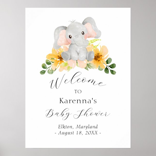 Välkomsthälsa om modern elefant-Blommigt, babykläd Poster (Framsidan)
