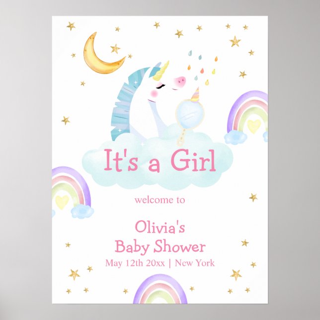 Välkomsthälsa om Rainbow Måne Star Unicorn Baby Sh Poster (Framsidan)