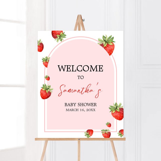 Välkomsthälsa om Red Strawberry Baby Shower Poster (Boho Berry Sweet Baby Shower Welcome Sign)