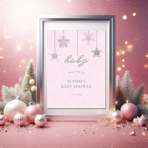 Välkomsthälsa om Rhinestones Snöflingor Rosa Baby Poster