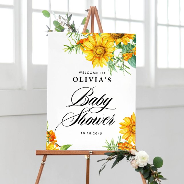 Välkomsthälsa om solros och havets bockthorn Baby  Poster (Elegant baby shower welcome sign with watercolor sunflowers and sea buckthorn for fall baby showers.)