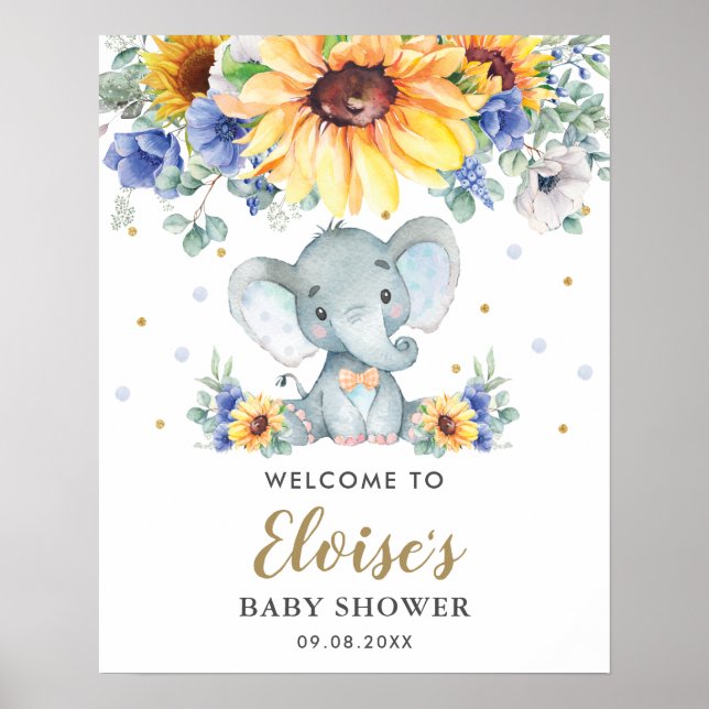 Välkomsthälsa om Solrosblå Blommigt Elephant Baby  Poster (Framsidan)
