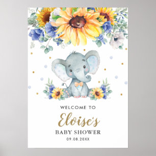 Välkomsthälsa om Solrosblå Blommigt Elephant Baby Poster