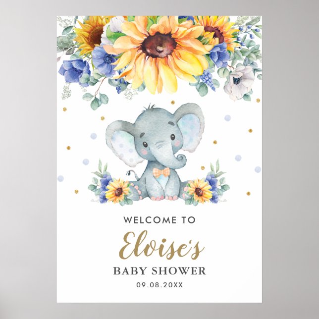 Välkomsthälsa om Solrosblå Blommigt Elephant Baby  Poster (Framsidan)