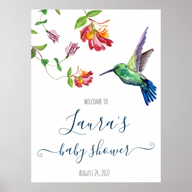 Välkomsthälsa om vattenfärg Hummingbird Baby Showe Poster (Framsidan)