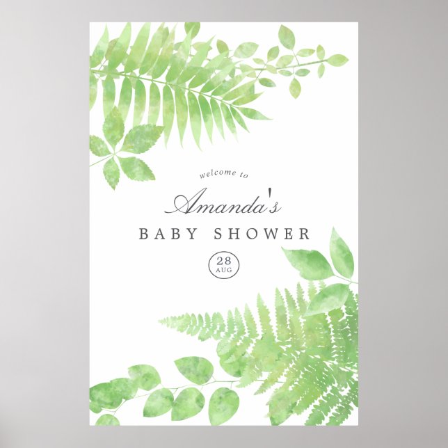 Välkomsthälsa om vattenfärgen Greenery Baby Shower Poster (Framsidan)