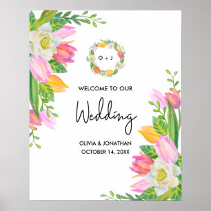 Välkomsthälsa om vattenfärgen Rosa Tulip Monogram Poster