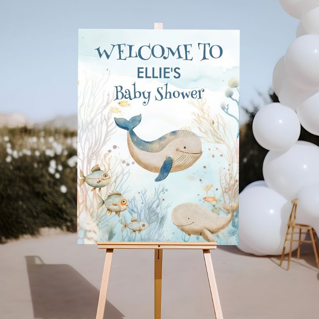 Välkomsthälsa om vattenfärgen Whale Baby Shower un Poster (Welcome poster from the Whale Baby Shower Collection by Darling & May)