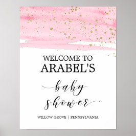 Välkomsthälsa om vattenfärgsRosa och Guld babydus Poster