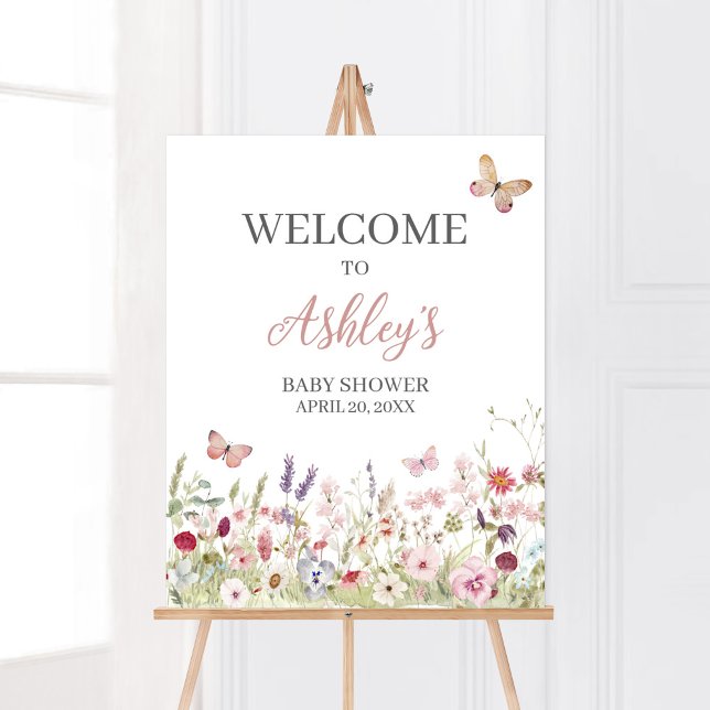 Välkomsthälsa om Wildblomsknappen Poster (Boho Butterflies Baby Shower Welcome Sign)