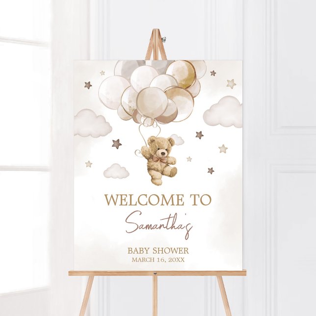 Välkomsthälsa till Brown Balloon Bear Baby Shower Poster (Gender Neutral Bear Balloon Baby Shower Welcome Sign)