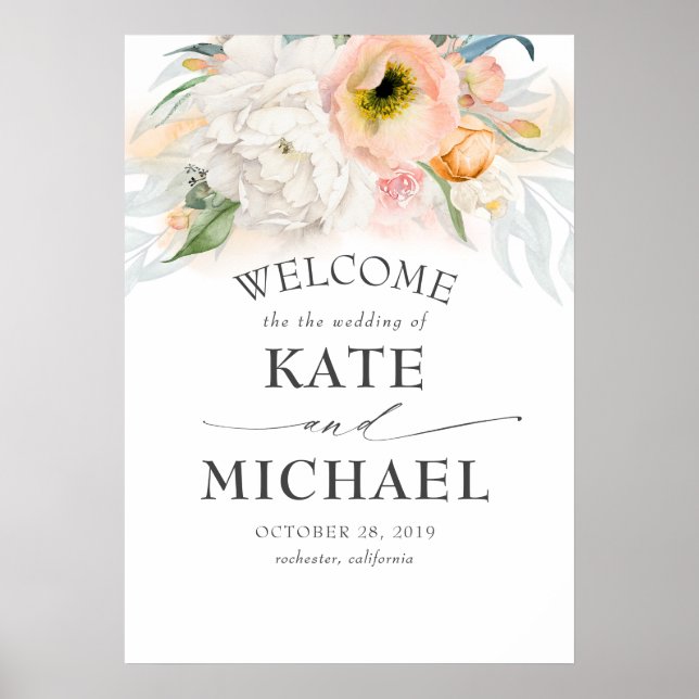 Välkomsthälsa till persiko och Rosa Blommigt Vinta Poster (Framsidan)