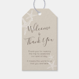 Välkomsthälsgäster för Beach Wedding Tan Favor Presentetikett
