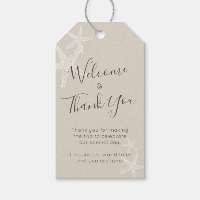 Välkomsthälsgäster för Beach Wedding Tan Favor Presentetikett (Framsidan)