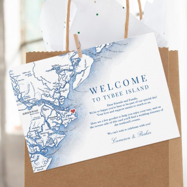 Välkomsthälsinternet i Tybee Island Navy Bröllop Tack Kort (Elegant Tybee Island Georgia Wedding Weekend Itinerary Card and Welcome letter with navy blue map)
