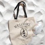 Välkomsthälsning för Anpassningsbar av vintagens f Tygkasse<br><div class="desc">En unik uppsättning anpassningsbar tote bags som är skräddarsydd för stranden stil eller destinationsbröllop. Den innehåller en välkomsttext som följs av namn på platsen eller den person som tar emot påsen. Under detta står en vintage-stil fyr i svart. All inslag i designen är anpassade med hjälp av anpassningsfunktionen. Njut av...</div>