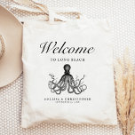 Välkomsthälsning för Aquarium Destination Wedding  Tygkasse<br><div class="desc">Det här hotellet för bröllopshölje eller favoritsäck för akvarium har en vintage som illustrerar en bläckfisk under ord "Välkommen" i eleganten. Anpassa den med din plats i bröllop,  namn på bruden och brudgummen och datumet i bröllop.</div>